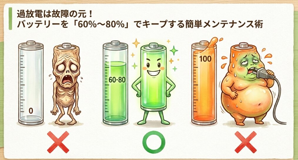 過放電は故障の元！バッテリーを「60％〜80％」でキープする