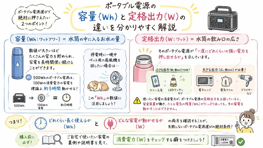 ポータブル電源の容量（Wh）と定格出力（W）の違いを分かりやすく解説