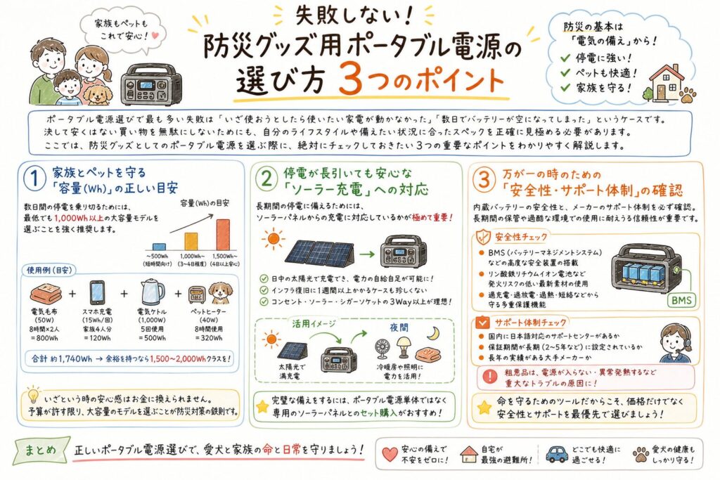 防災グッズ用ポータブル電源の選び方3つのポイント