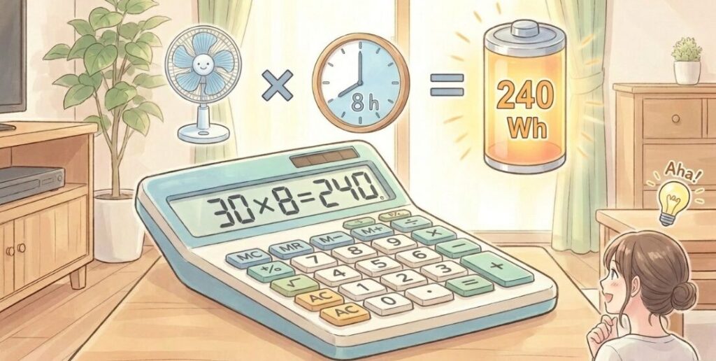 ステップ3：「消費電力(W) × 使用時間(h) ＝ 必要Wh」で計算する