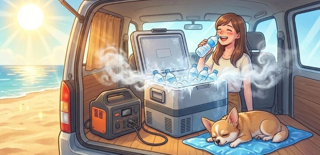 車載冷蔵庫を夏に連続稼働させるための容量