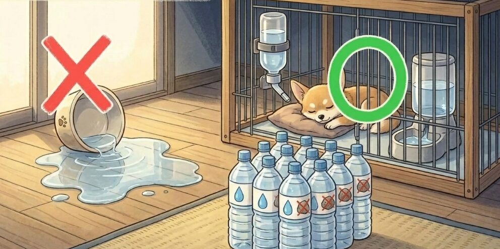 断水に備えた自動給水器と犬用飲料水の確保