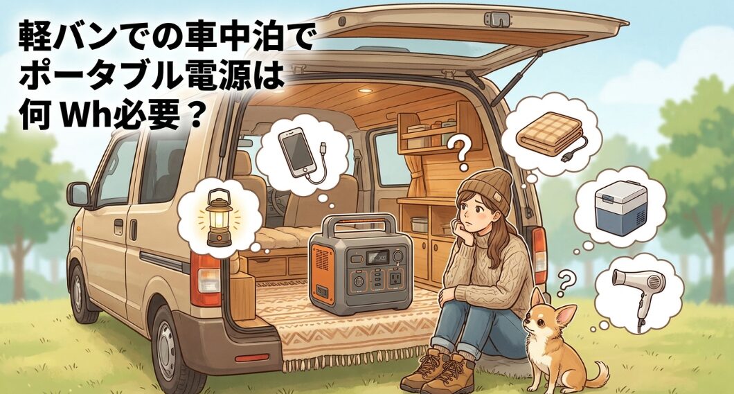 軽バンでの車中泊でポータブル電源は何Wh必要？
