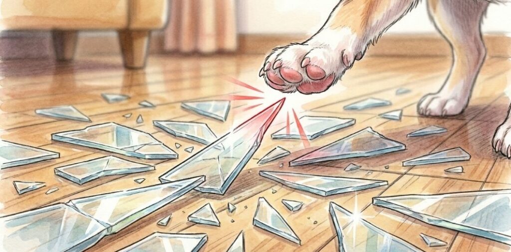 室内でのガラス破片による肉球の怪我