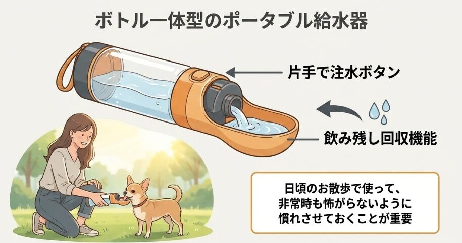 防災時に役立つ犬用のポータブル水飲み器と食器