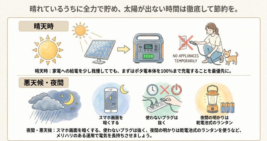 悪天候や夜間に備える蓄電のコツ
