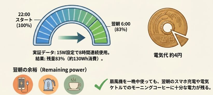 一晩中つけっぱなしにした後の残量と電気代