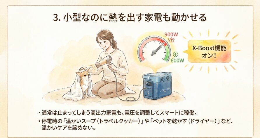 3. 小型なのに高出力家電も動かせる「X-Boost機能」