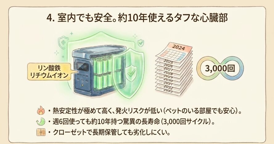 4. 安全性に優れ、約10年使える「リン酸鉄リチウムイオン電池」