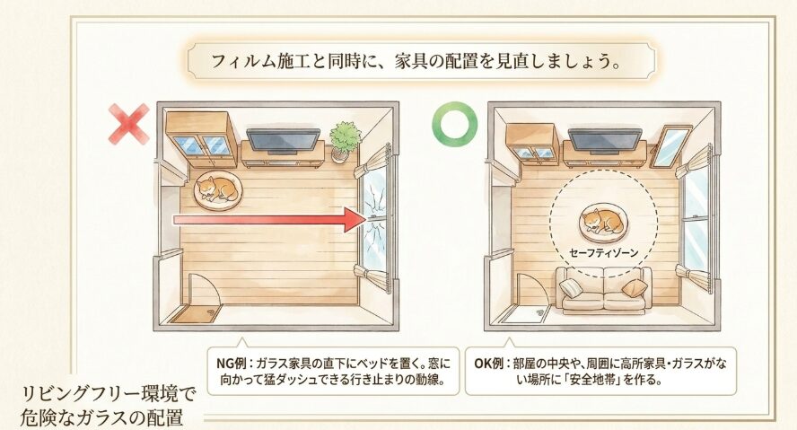 リビングフリー環境で危険なガラスの配置