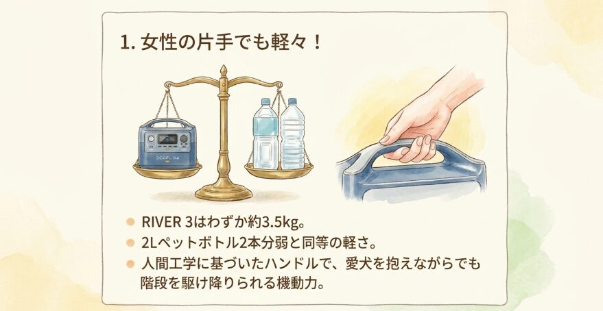 1. 女性や子供でも迷わず手に取れる「驚異的な軽さと持ちやすさ」