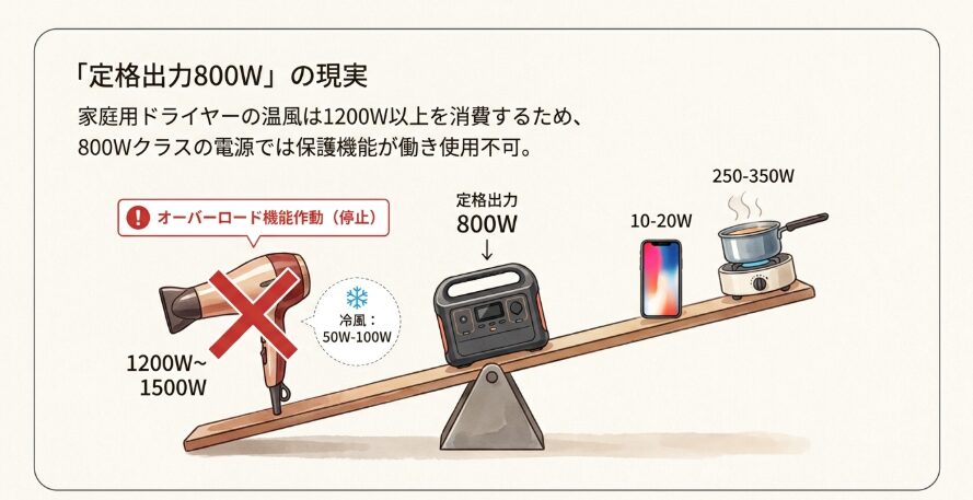 キャンプでドライヤーが使えるポータブル電源の基準