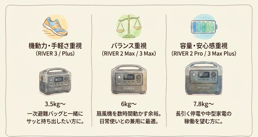 あなたの防災スタイルに最適なRIVERシリーズは？（容量別おすすめ）