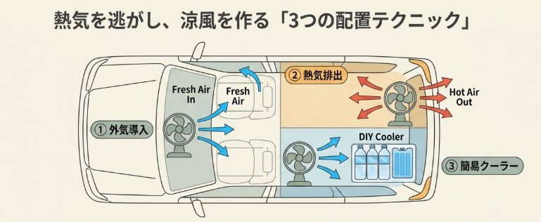 暑い夜を乗り切る車内での効率的な配置と風向き