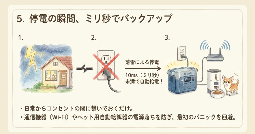 5. 停電と同時にミリ秒で切り替わる「EPS/UPS機能」