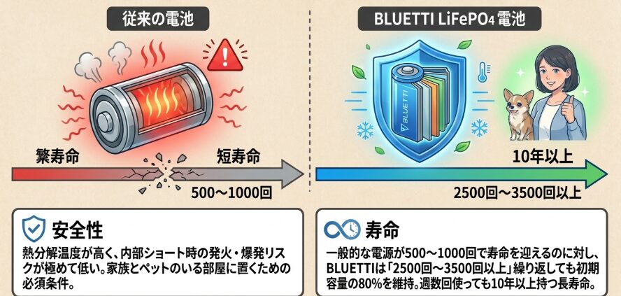リン酸鉄リチウムイオン電池の長寿命と安全