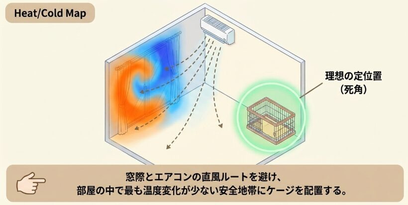 ケージの配置と室内の温度差