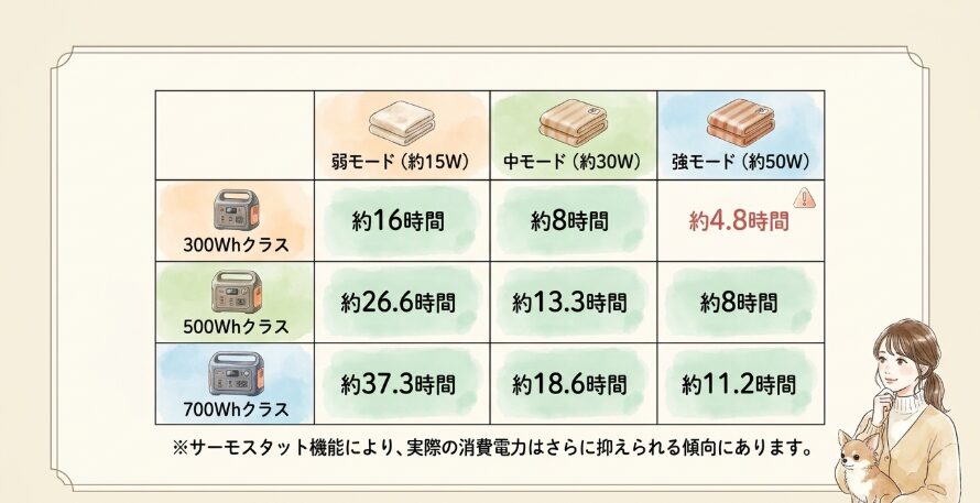 弱・中・強のモード別の使用可能時間