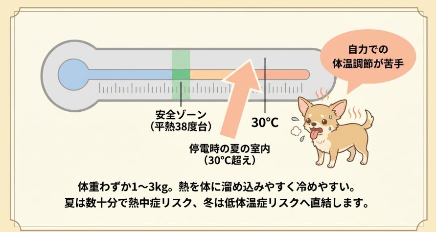 チワワは温度変化に弱く、停電によるエアコン停止が命に関わる