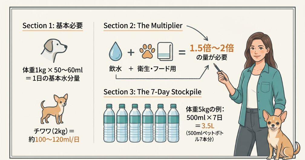 災害時に犬が必要とする1日の水分量と計算方法