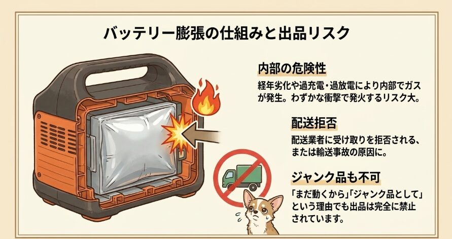 膨らみや破損があるリチウムイオン電池の出品リスク