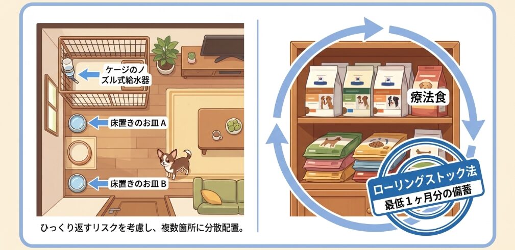 断水や給餌遅延に備える飲み水とフードの準備
