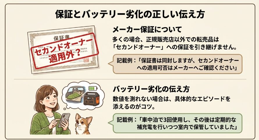 保証の継承可否やバッテリー劣化具合の記載ポイント