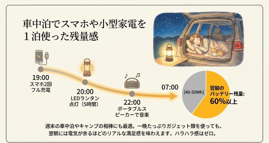 車中泊でスマホや小型家電を1泊使った残量感