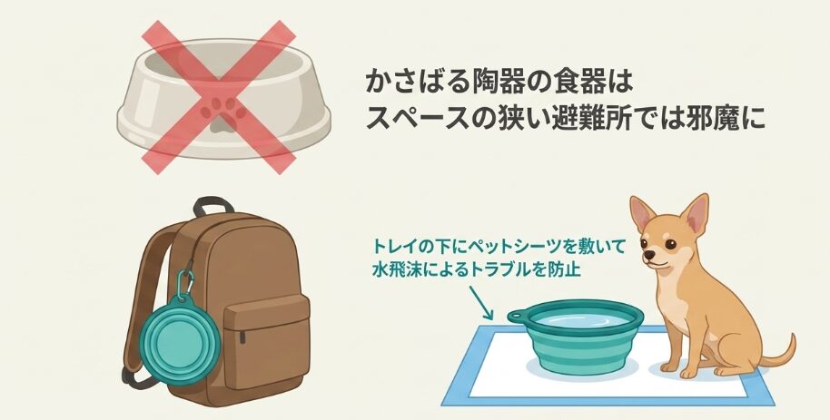 避難所で活躍する折りたたみ式の給水ボトルとトレイ