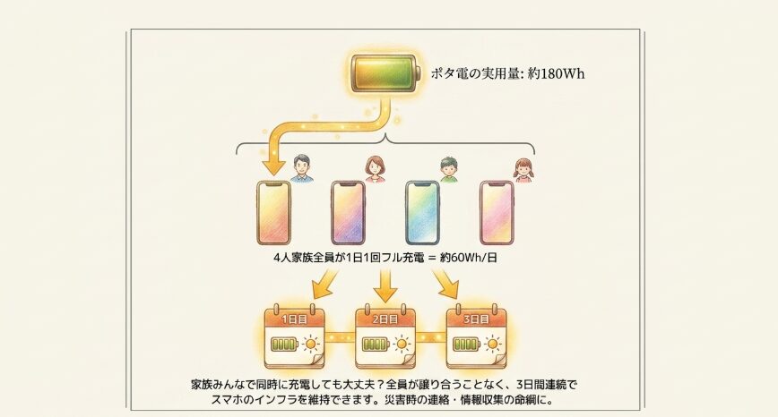 家族全員のスマホを同時に何回充電できるか