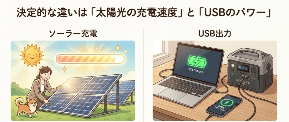 違いは「ソーラー入力の許容値」と「USBポートの出力W数」