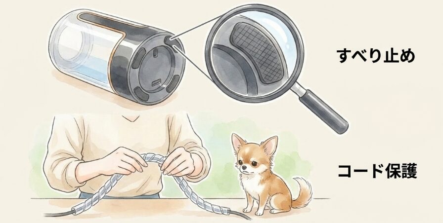 倒れにくさとコードの噛みつき対策を確認する