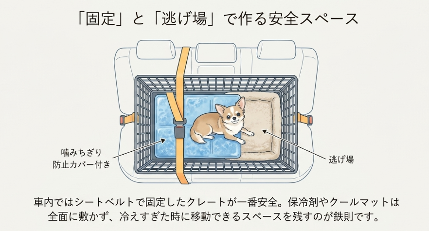 クールマットやケージで作る安全な車内環境