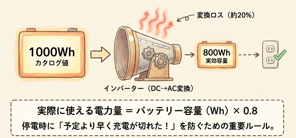 変換ロスを考慮した実効容量の計算