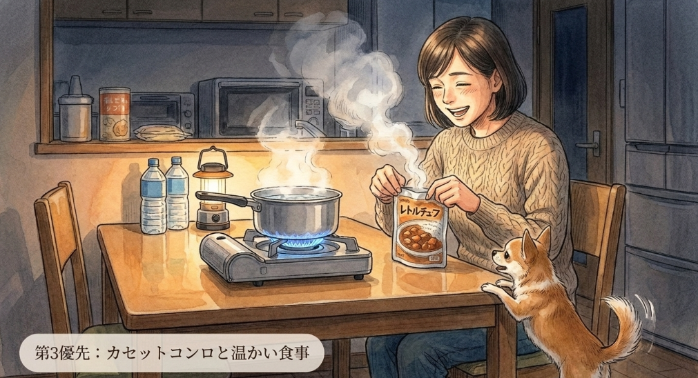 第3優先:カセットコンロと温かい食事